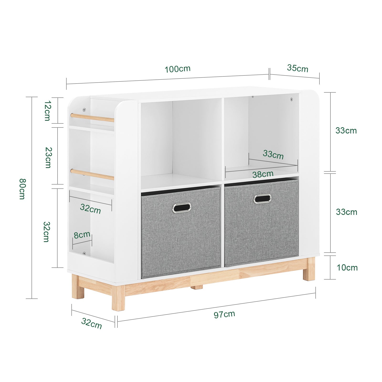 Libreria Per Bambini Scaffale Portaoggetti Mobili Per Cameretta Con Due Cassetti In Tessuto Non Tessuto Bianco Naturale 100x35x80cm KMB85-W SoBuy