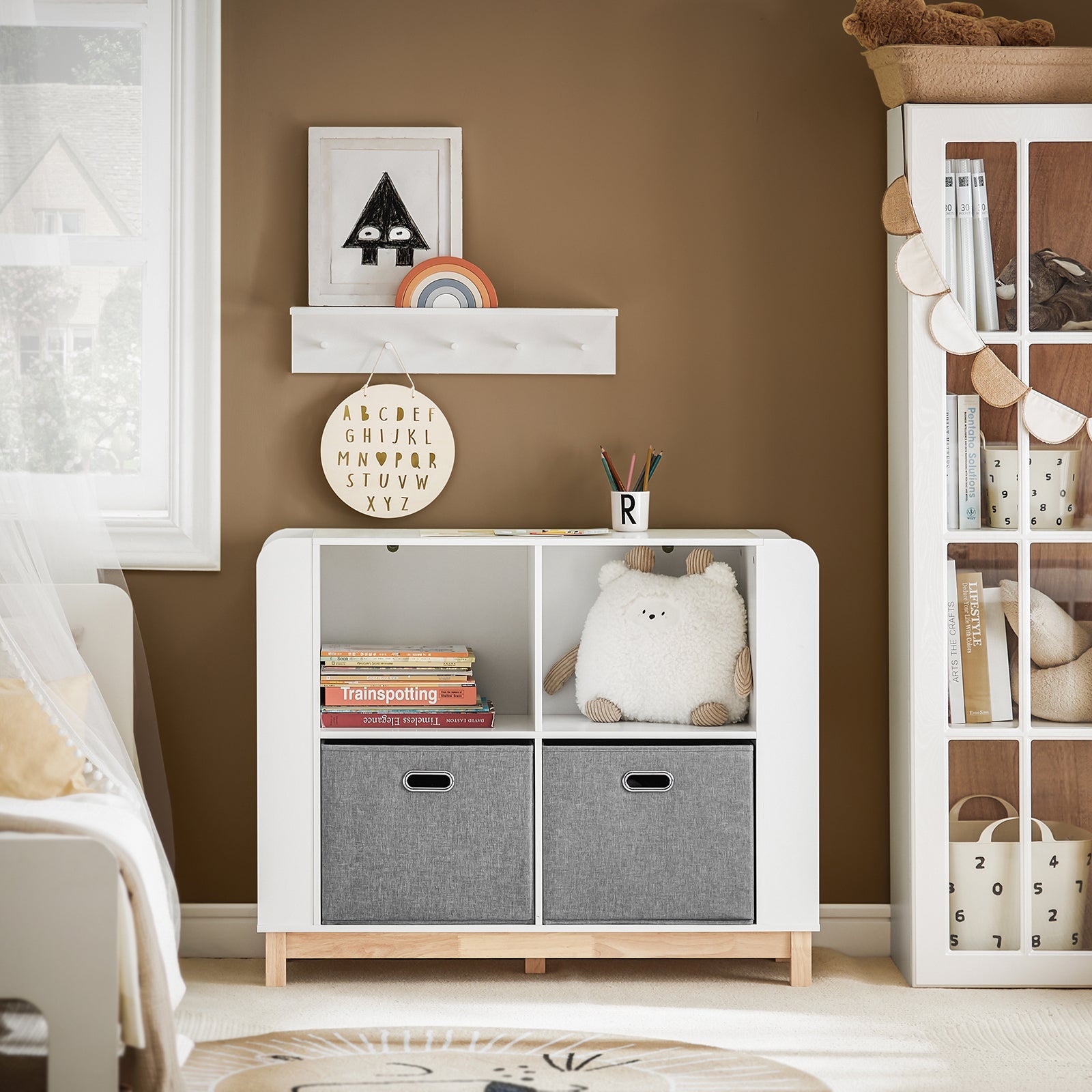 Libreria Per Bambini Scaffale Portaoggetti Mobili Per Cameretta Con Due Cassetti In Tessuto Non Tessuto Bianco Naturale 100x35x80cm KMB85-W SoBuy