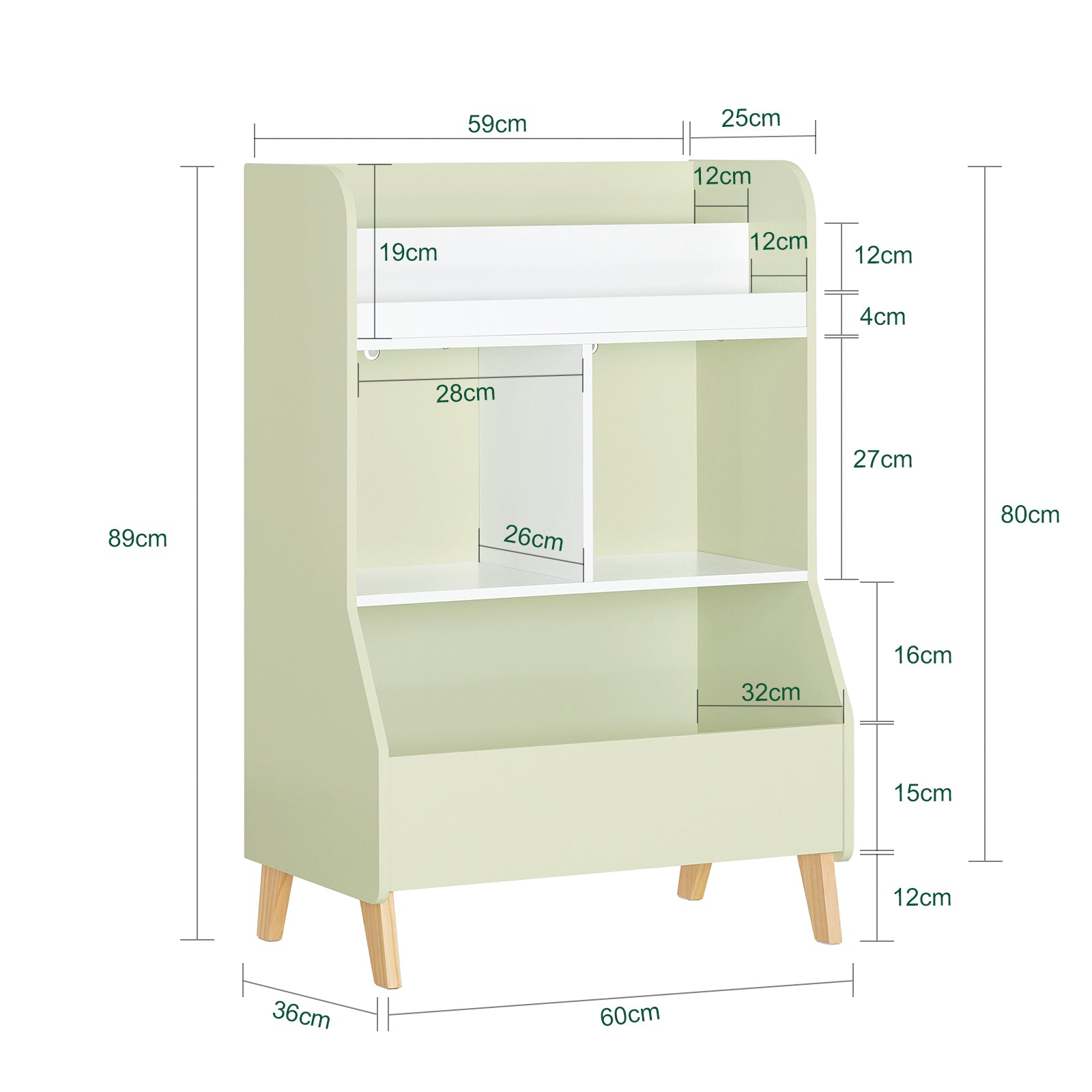 SoBuy Libreria per bambini con vani portaoggetti e una scatola Scaffale per giocattoli Scaffale per bambini Organizzatore di giocattoli Verde 60x36x89 cm KMB90-GR