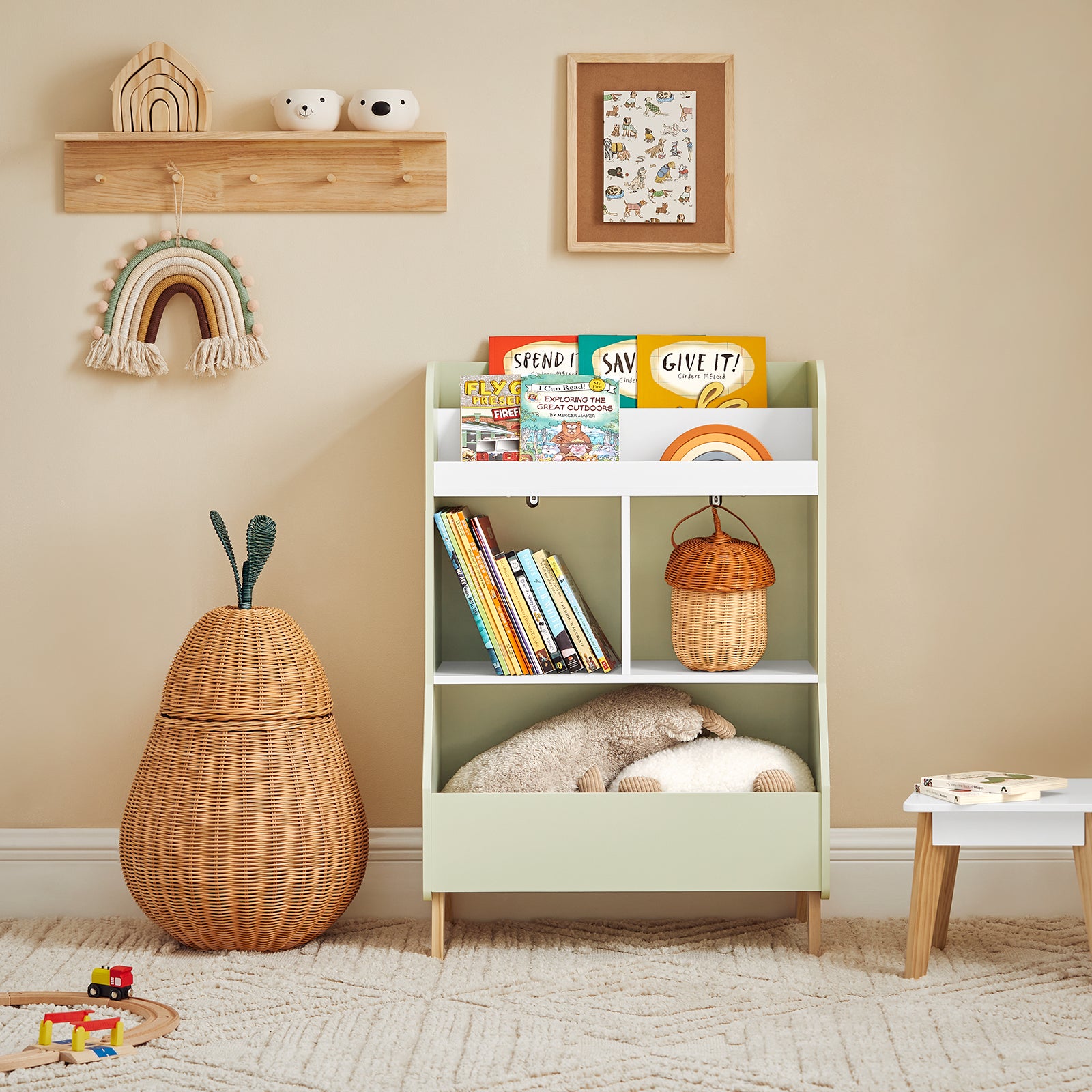 SoBuy Libreria per bambini con vani portaoggetti e una scatola Scaffale per giocattoli Scaffale per bambini Organizzatore di giocattoli Verde 60x36x89 cm KMB90-GR