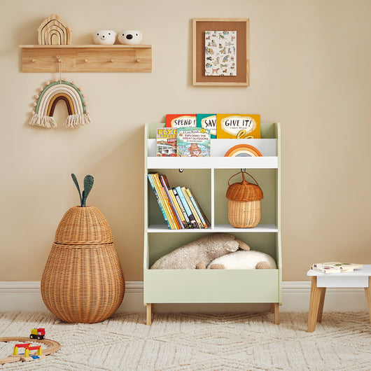 SoBuy Libreria per bambini con vani portaoggetti e una scatola Scaffale per giocattoli Scaffale per bambini Organizzatore di giocattoli Verde 60x36x89 cm KMB90-GR