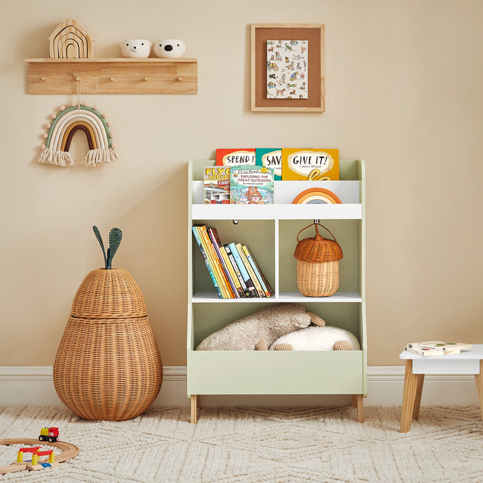SoBuy Libreria per bambini con vani portaoggetti e una scatola Scaffale per giocattoli Scaffale per bambini Organizzatore di giocattoli Verde 60x36x89 cm KMB90-GR