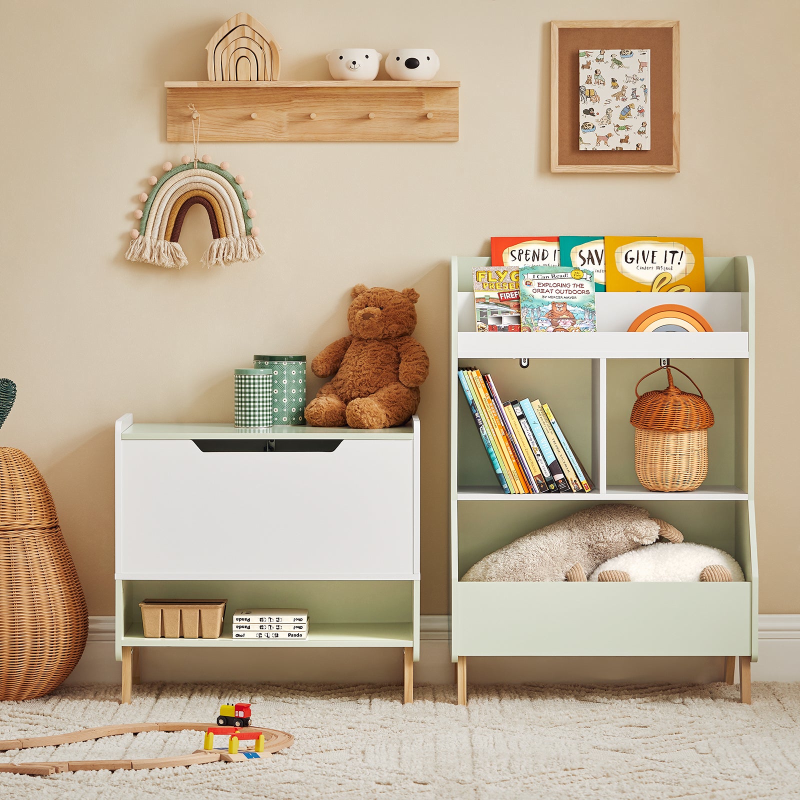 SoBuy Libreria per bambini con vani portaoggetti e una scatola Scaffale per giocattoli Scaffale per bambini Organizzatore di giocattoli Verde 60x36x89 cm KMB90-GR