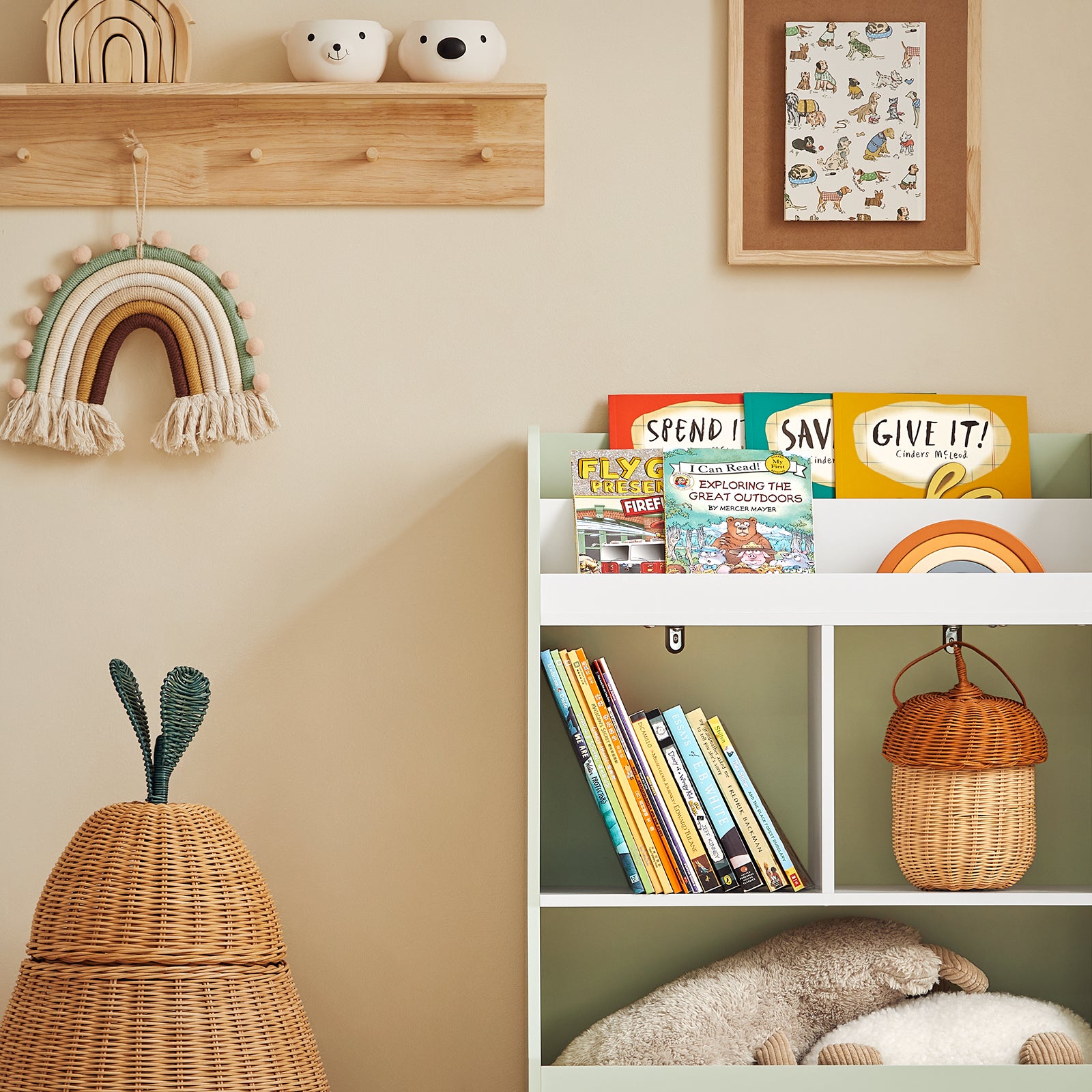 SoBuy Libreria per bambini con vani portaoggetti e una scatola Scaffale per giocattoli Scaffale per bambini Organizzatore di giocattoli Verde 60x36x89 cm KMB90-GR