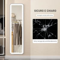 Specchio da Parete Touch con Illuminazione LED Regolabile, in Vetro Temperato e Metallo, 40x3x120 cm, Nero