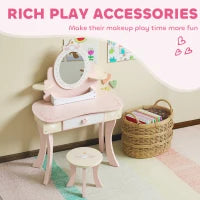 Set Toeletta con Specchio e Sgabello in Legno 2 in 1 per Bambini con 7 Accessori Inclusi, Rosa
