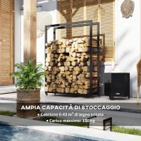 Portalegna da Esterno e Interno con Ruote, Legnaia in Acciaio con Capacità 0.43m³, 120x32x151cm, Nero