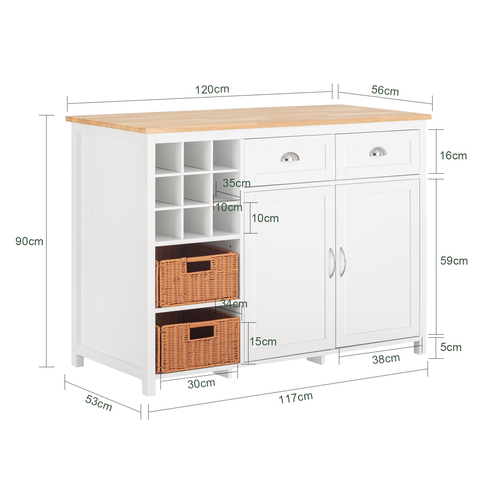 Isola Cucina Con 2 Cestelli In Rattan Mobile Da Cucina Mobile Credenza Tavolo Da Bar Buffet Bianco 120x56x90cm KNL05-W SoBuy