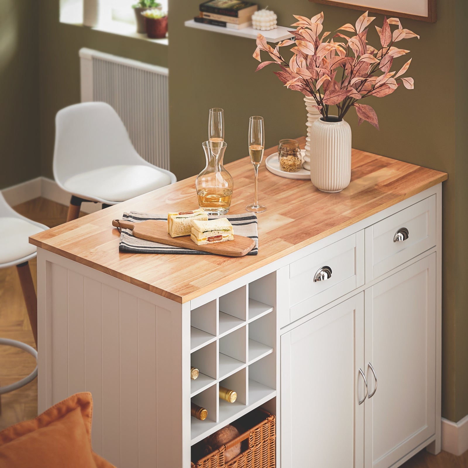 Isola Cucina Con 2 Cestelli In Rattan Mobile Da Cucina Mobile Credenza Tavolo Da Bar Buffet Bianco 120x56x90cm KNL05-W SoBuy