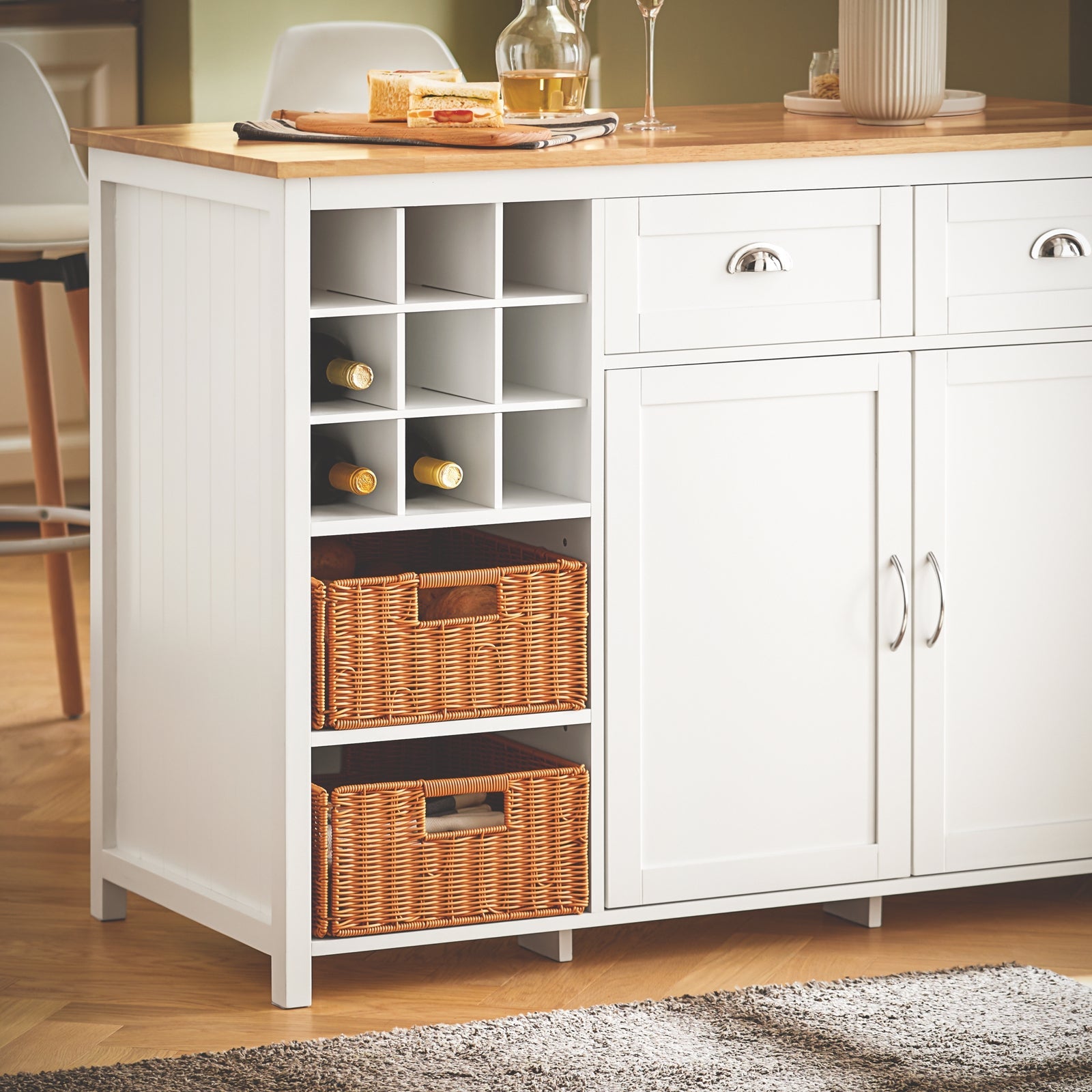 Isola Cucina Con 2 Cestelli In Rattan Mobile Da Cucina Mobile Credenza Tavolo Da Bar Buffet Bianco 120x56x90cm KNL05-W SoBuy