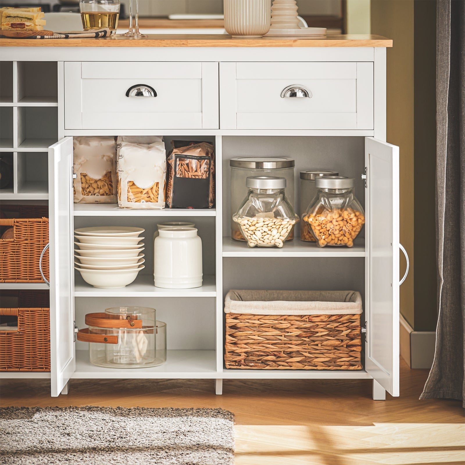 Isola Cucina Con 2 Cestelli In Rattan Mobile Da Cucina Mobile Credenza Tavolo Da Bar Buffet Bianco 120x56x90cm KNL05-W SoBuy