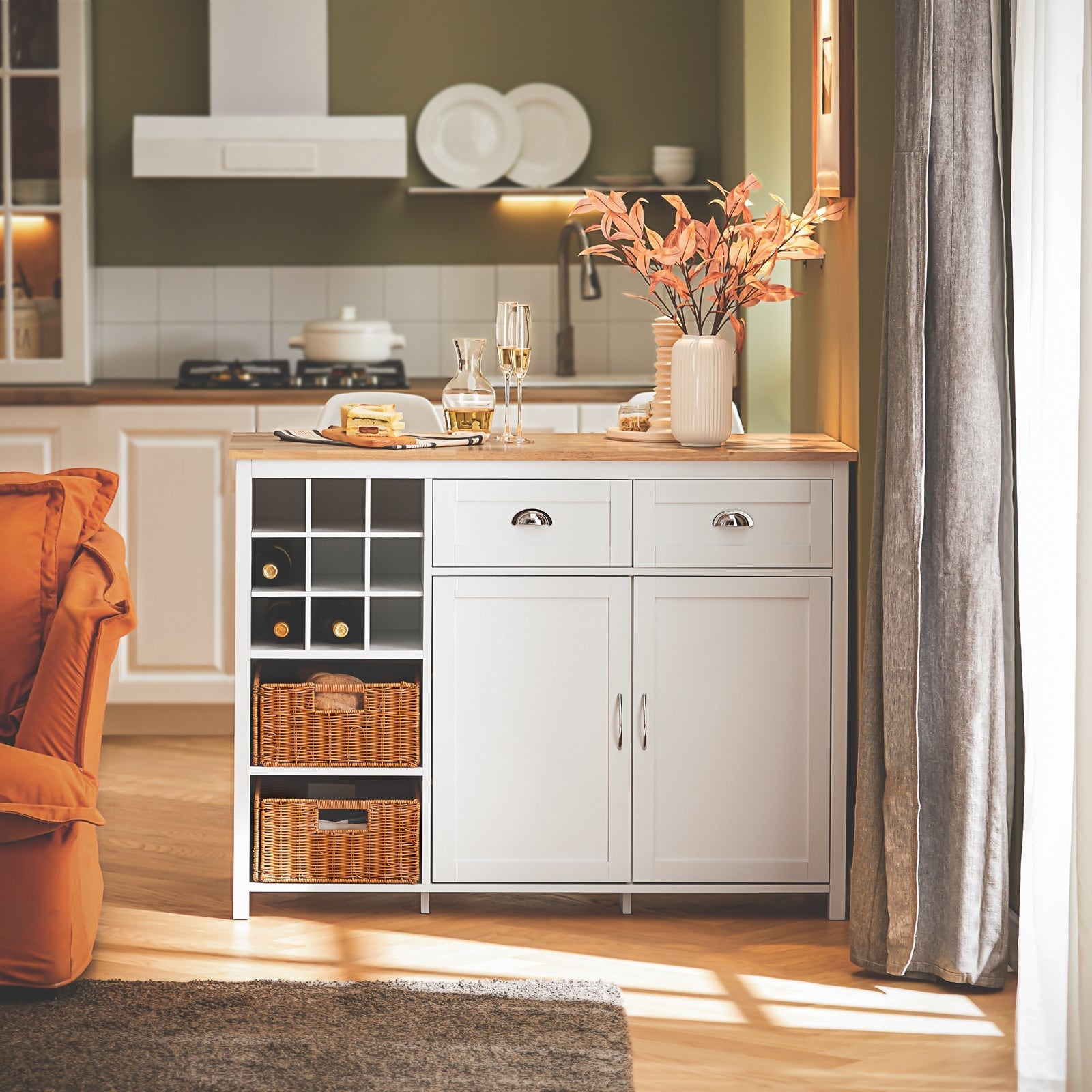 Isola Cucina Con 2 Cestelli In Rattan Mobile Da Cucina Mobile Credenza Tavolo Da Bar Buffet Bianco 120x56x90cm KNL05-W SoBuy