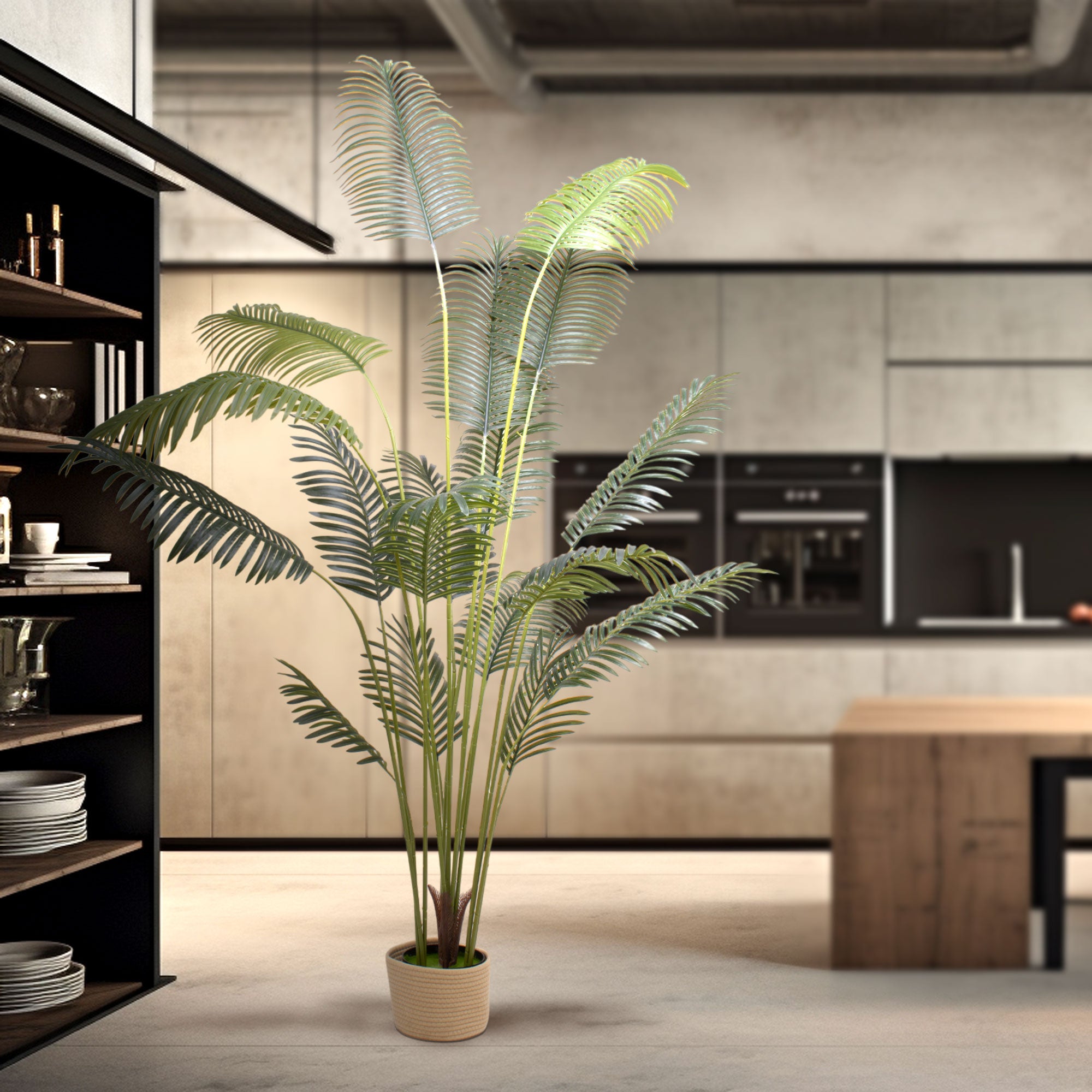 Kentia 210 - Pianta Artificiale Decorativa Tropicale Kentia H210 cm per Interno Esterno con Vaso Beige