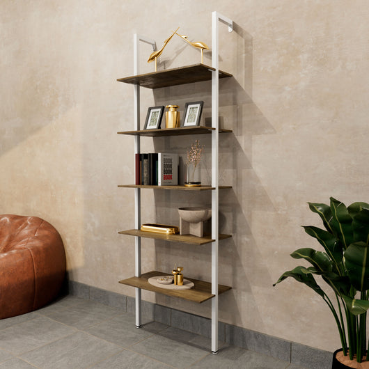 Komo - Scaffale Libreria a Muro 60x185x30 cm 5 Ripiani in Legno Oak Struttura in Metallo Bianco