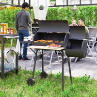 Barbecue a Carbone con Coperchio e Affumicatore, BBQ da Giardino con Ripiani e Ruote 124x53x104 cm, Nero