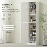 Mobile Colonna Bagno a 2 Armadietti con 6 Ripiani Regolabili, in Legno, 40x35x180 cm, Bianco