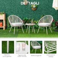 Set da Giardino in Rattan Sintetico Stile Boho con Tavolino e 2 Sedie, Bianco Crema