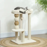Torre per Gatti con Lettino, Piattaforma e Pallina Giocattolo, in Legno, Peluche e Iuta, 48.5x40x76 cm, Beige