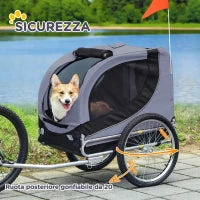 Rimorchio Bici per Cani Taglia Media con Finestre Laterali e Bandierina, 130x73x90 cm, Grigio e Nero