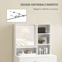 Set Toeletta da Trucco con Tavolino e Sgabello, Specchio e Ripiani in Legno, Bianco