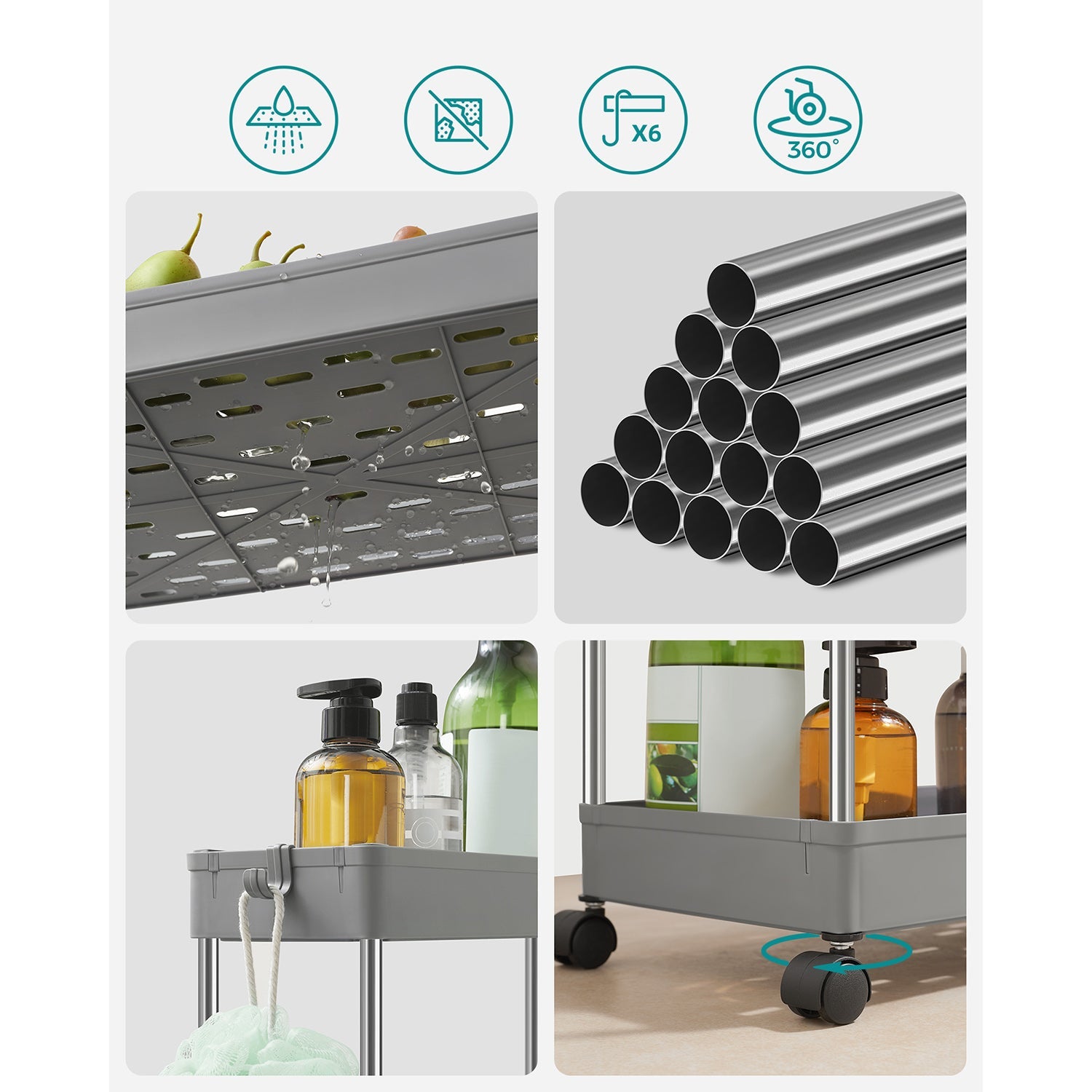 Carrello portaoggetti su ruote ripiano mobile 3 livelli salvaspazio per bagno cucina ufficio 40 x 22 x 60 cm grigio 12_0005026