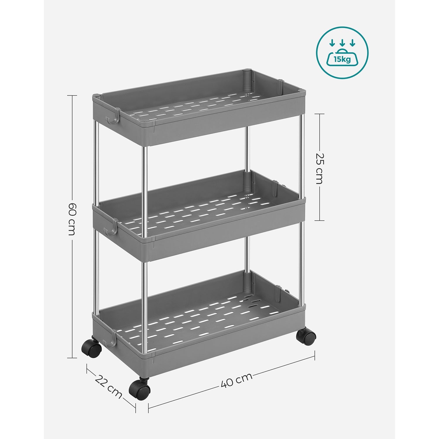 Carrello portaoggetti su ruote ripiano mobile 3 livelli salvaspazio per bagno cucina ufficio 40 x 22 x 60 cm grigio 12_0005026