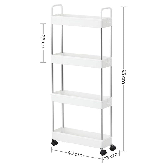 Carrello slim carrello da bagno con ripiano da cucina a 4 ripiani per piccoli spazi con ruote e maniglie 40 x 13 x 93 cm bianco 12_0003489