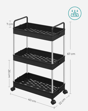 Carrello da cucina Slim Trolley a 3 ripiani carrello da bagno per piccoli spazi con ruote e maniglie 42 x 225 x 68 cm nero 12_0005035