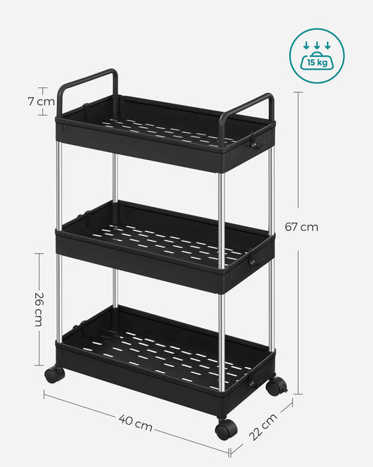 Carrello da cucina Slim Trolley a 3 ripiani carrello da bagno per piccoli spazi con ruote e maniglie 42 x 225 x 68 cm nero 12_0005035