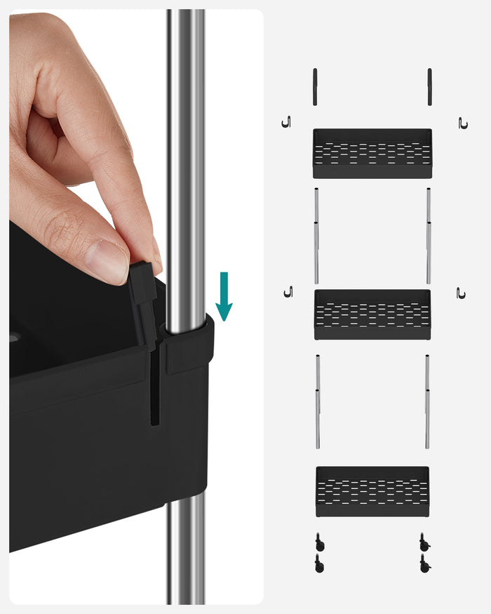 Carrello da cucina Slim Trolley a 3 ripiani carrello da bagno per piccoli spazi con ruote e maniglie 42 x 225 x 68 cm nero 12_0005035