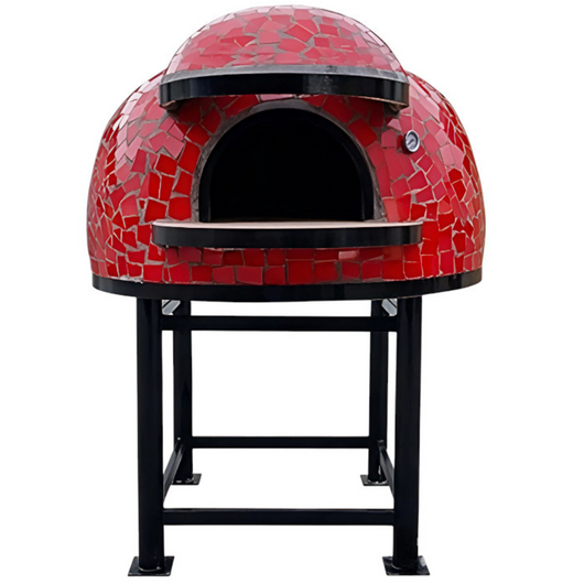 Forno legna artigianale mosaico rosso linea unique diametro 140 cm con base ferro