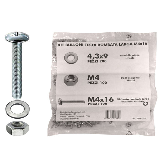 Kit viti testa bombata larga Ã˜ 4 x 16 + dadi + rondelle - 400 pz.