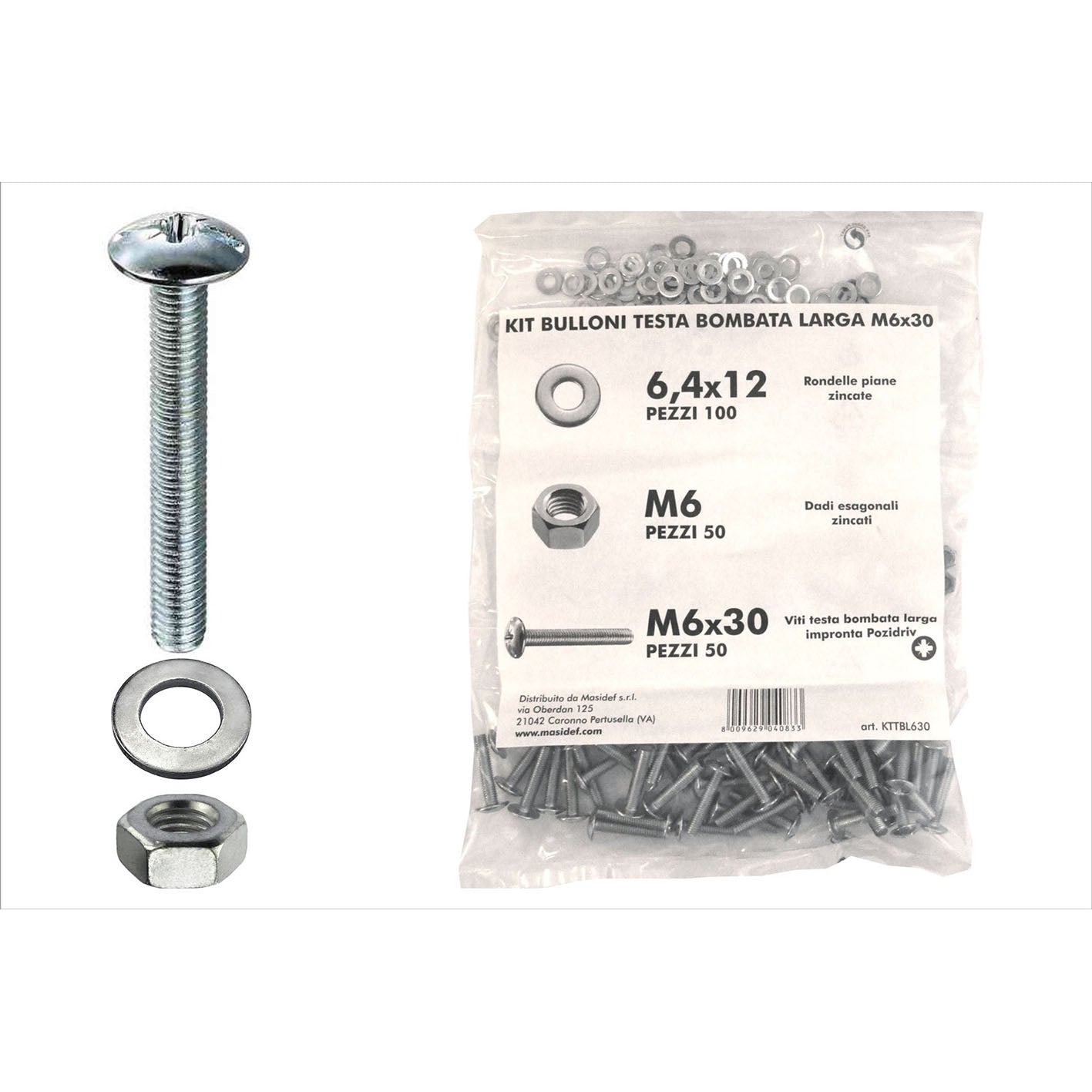 Kit viti testa bombata larga Ã˜ 6 x 30 + dadi + rondelle - 200 pz.