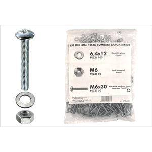 Kit viti testa bombata larga Ã˜ 6 x 30 + dadi + rondelle - 200 pz.