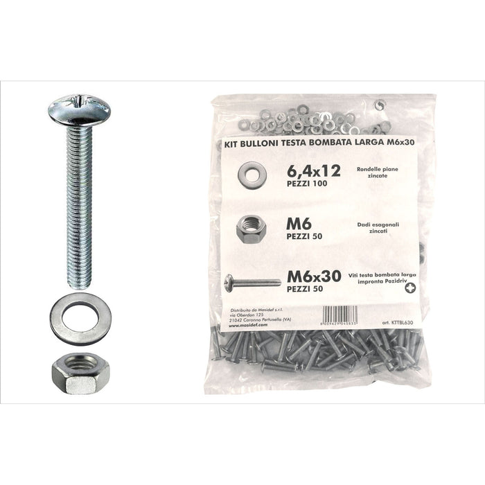 Kit viti testa bombata larga Ã˜ 6 x 30 + dadi + rondelle - 200 pz.
