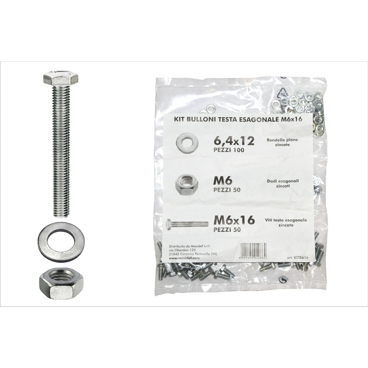 Kit viti testa esagonale M6 x 16 + dadi + rondelle - 200 pz.