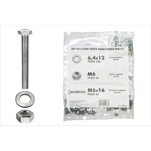Kit viti testa esagonale M6 x 16 + dadi + rondelle - 200 pz.