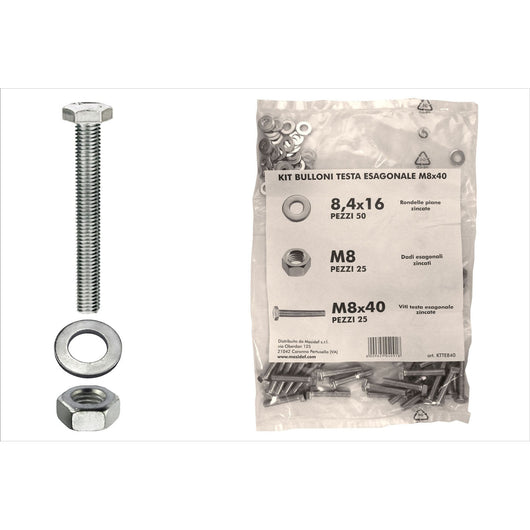 Kit viti testa esagonale M8 x 40 + dadi + rondelle - 100 pz.