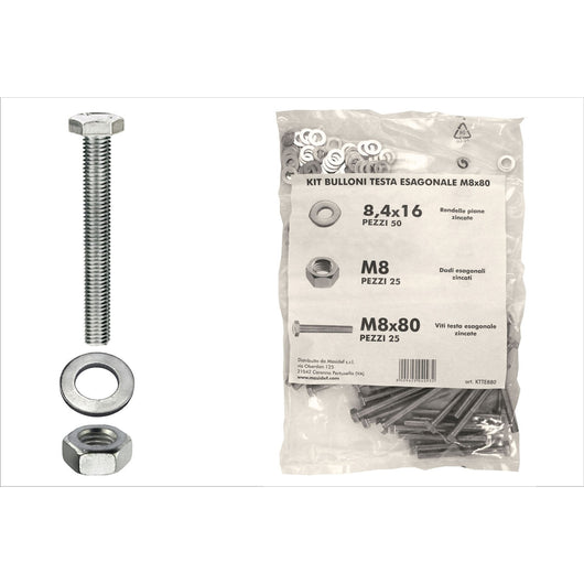 Kit viti testa esagonale M8 x 80 + dadi + rondelle - 100 pz.
