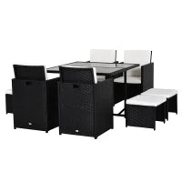 Set da Giardino in Rattan per 8 Persone 9 Pezzi Nero con Cuscini Sfoderabili Crema