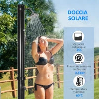 Doccia Solare da 20L con Rubinetto Inferiore e Temperatura Regolabile, in Lega di Zinco, 15.5x15.5x222 cm, Nero