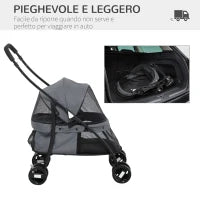 Passeggino per Cani Pieghevole con Tettuccio Regolabile, Borsa e 2 Guinzagli, 82x47x97 cm, Grigio e Nero