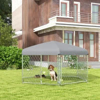 Recinto per Cani Taglia Grande con Tetto in Tessuto Oxford Anti UV, 2.1x1.85x1.5m, Argento e Grigio