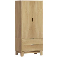 Armadio con 2 ante a chiusura ammortizzata, 2 cassetti e barra appendiabiti, 80x50x180cm, Legno naturale