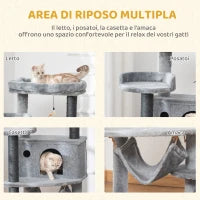 Albero Tiragraffi per Gatti con Palo, Casetta, Letto, Amaca e 2 Giochi in Legno e Peluche, 48x48x107 cm, Grigio
