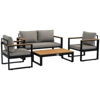 Salotto da Giardino con Divano da Esterno, 2 Poltrone e Tavolino in Alluminio, Grigio