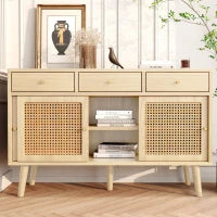 Credenza in Rattan, con 3 Cassetti e 3 Ante Scorrevoli per Cucina e Soggiorno, Maniglie in Metallo Doratoe Gambe in Legno, 120x40x78 cm, Colore Naturale