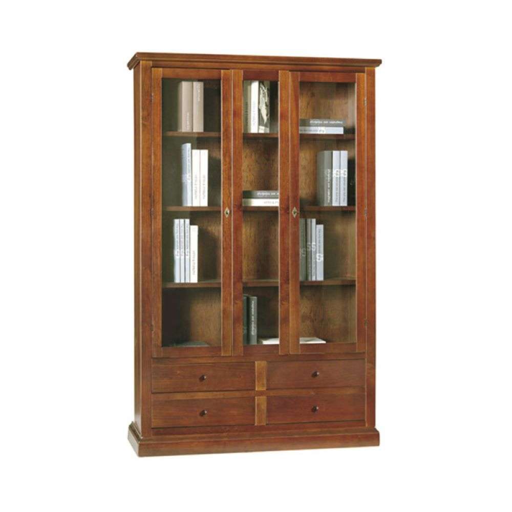 Vetrina colore noce con 3 ante 4 cassetti, in stile classico in legno e mdf con rifinitura in noce lucido 119x40x185 H