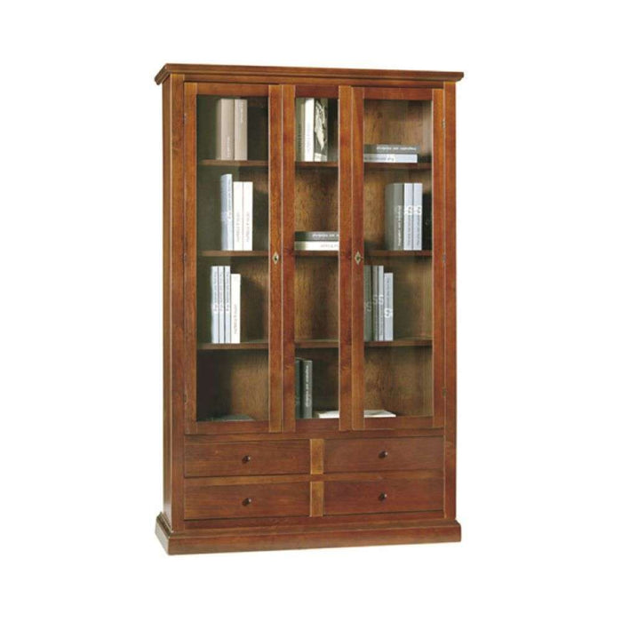 Vetrina colore noce con 3 ante 4 cassetti, in stile classico in legno e mdf con rifinitura in noce lucido 119x40x185 H
