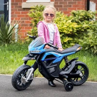 Moto Elettrica per Bambini da 6V con Rotelle e Fari, in PP e Metallo, 105x52.3x62.3 cm, Azzurro e Nero